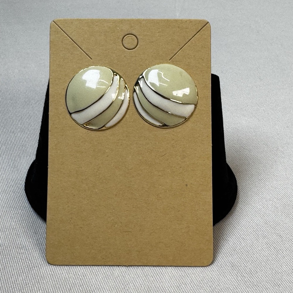 Vintage White Enameled Gold Tone Modernist Large‎ Disk Stud Gold Tone Earrings